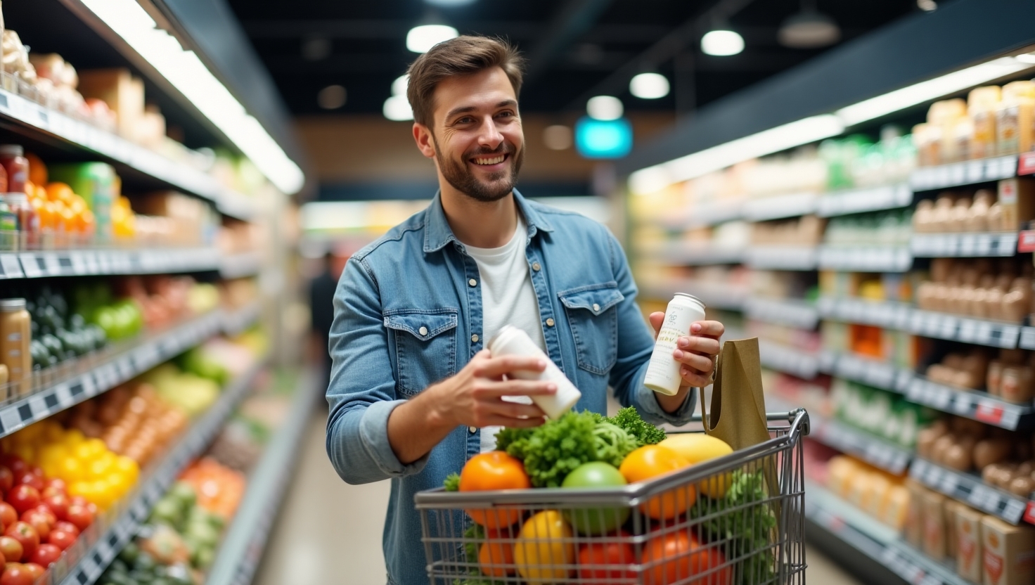 A man shopping in a supermarket to save money on groceries