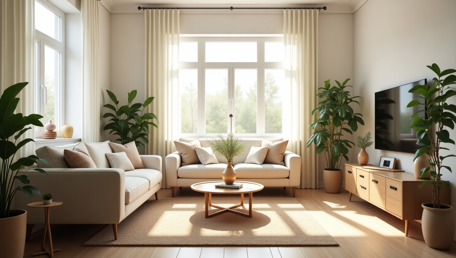A cozy, clutter-free living room with natural light and indoor plants, showing how simple cleaning and rearranging can make a home feel calmer without spending money.