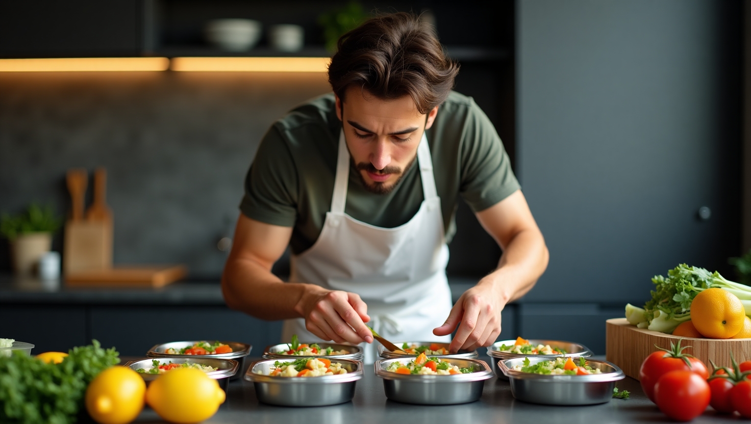 A person arranging freshly cooked meals in containers for the week.