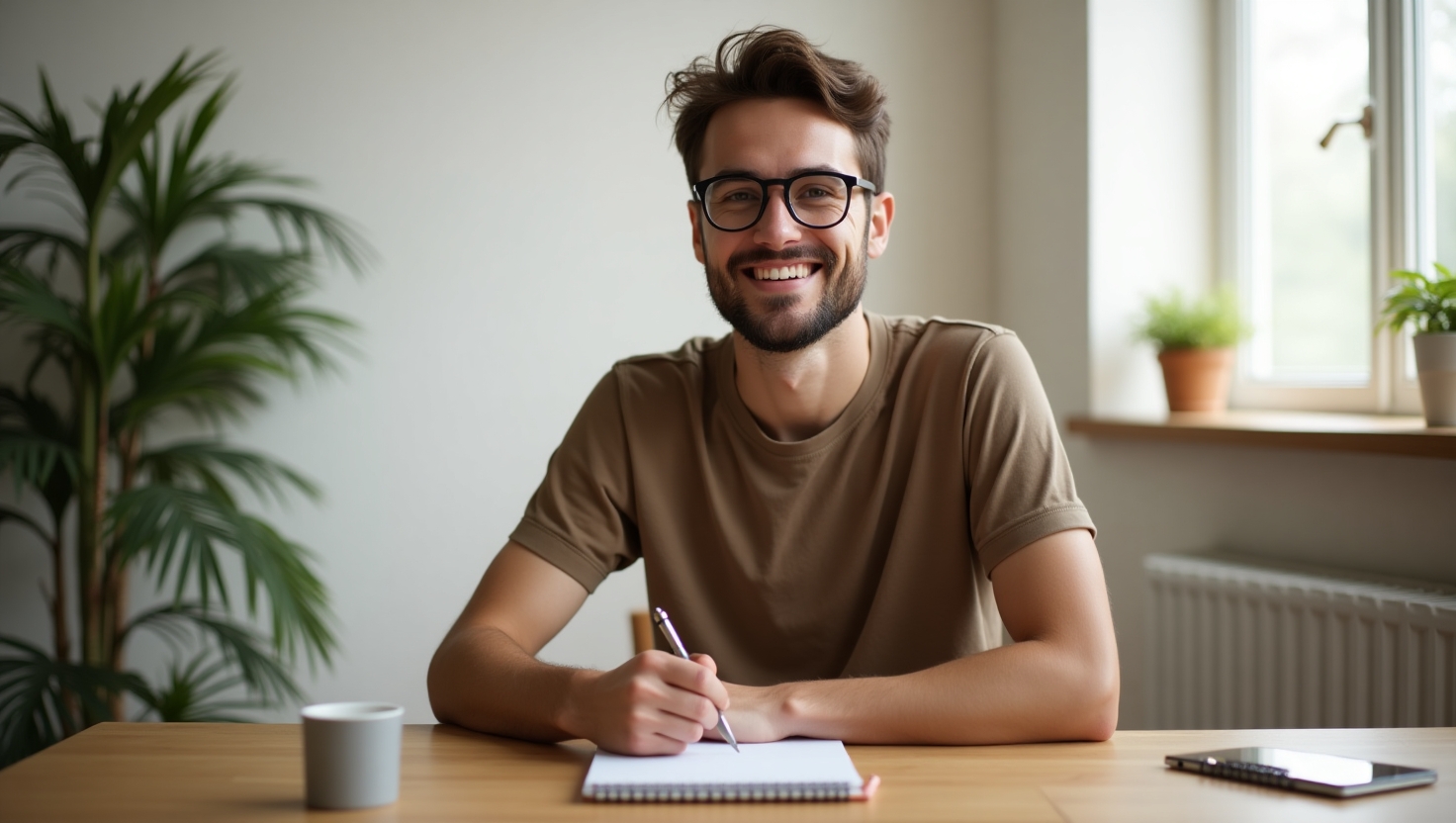 Minimalist lifestyle concept – a man journaling at a wooden table with tea, sunlight, and no distractions, representing a one-week no-spend challenge."