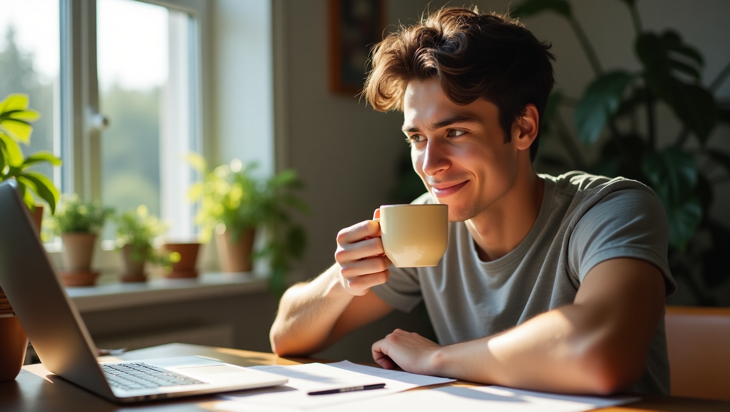 A person starting the day calmly with coffee and sunlight, building a positive morning routine.