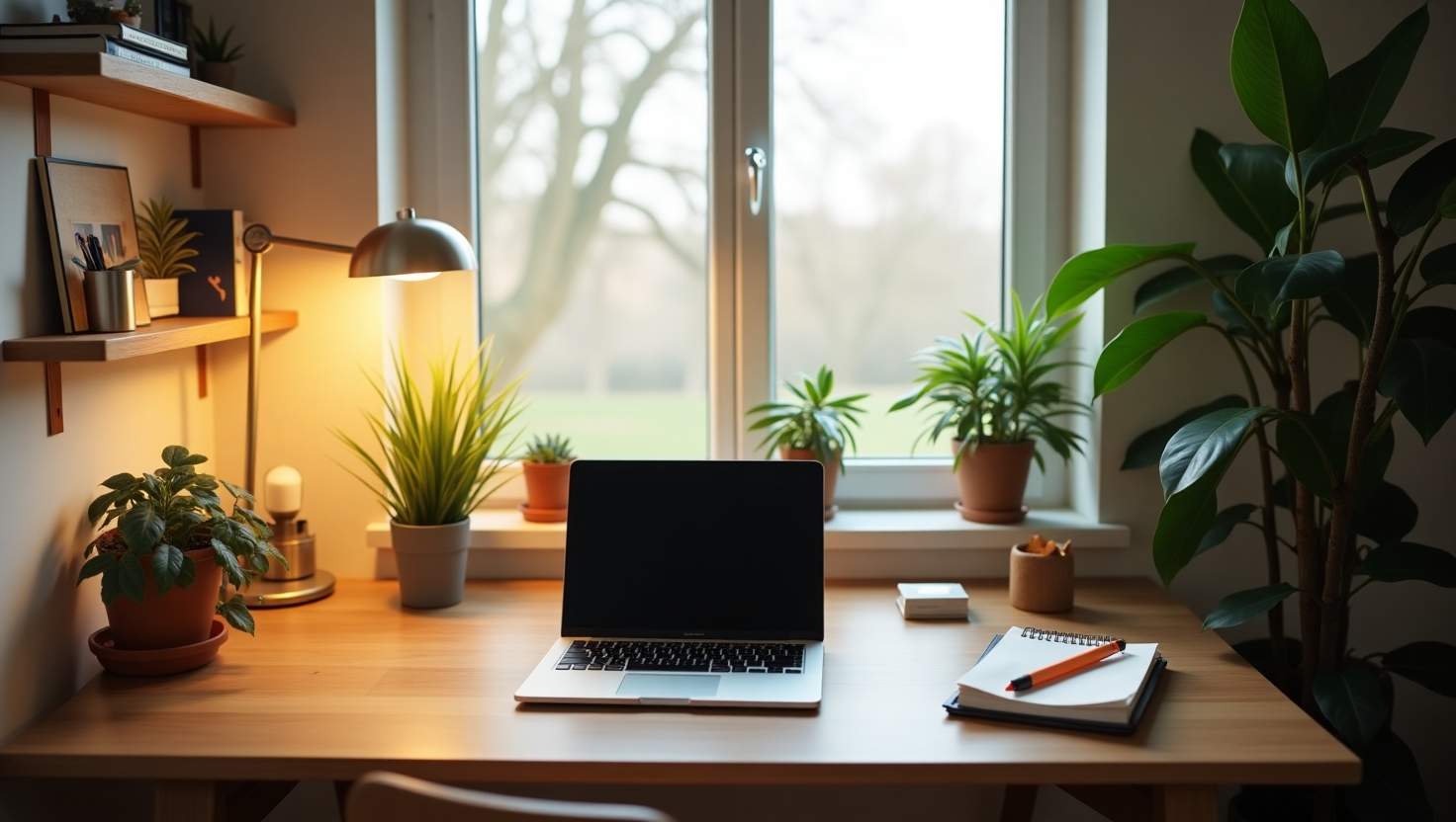A cozy home workspace with a small change—a plant and better lighting—making the desk look organized and inviting.