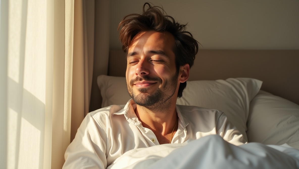 A man doing 15 minute mind reset training in the morning by sitting in his bed